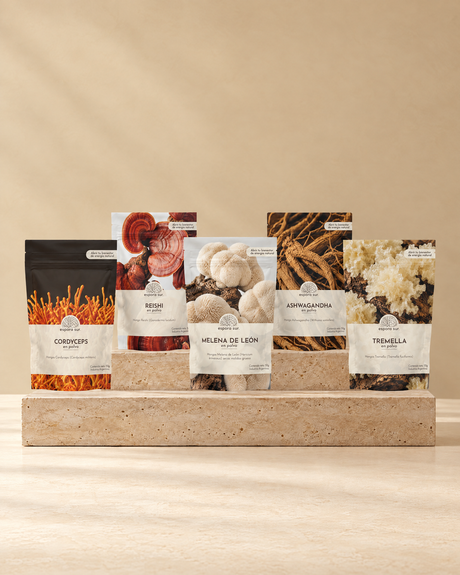 Pack 5 Adaptógenos Melena, Ashwagandha, Reishi, Tremella, Cordyceps Fórmula Sinérgica Natural