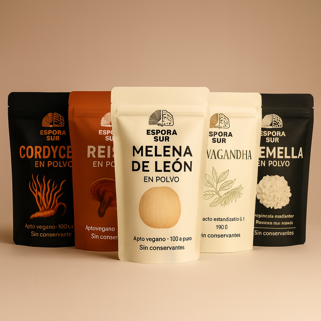 Pack 5 Adaptógenos Melena, Ashwagandha, Reishi, Tremella, Cordyceps Fórmula Sinérgica Natural